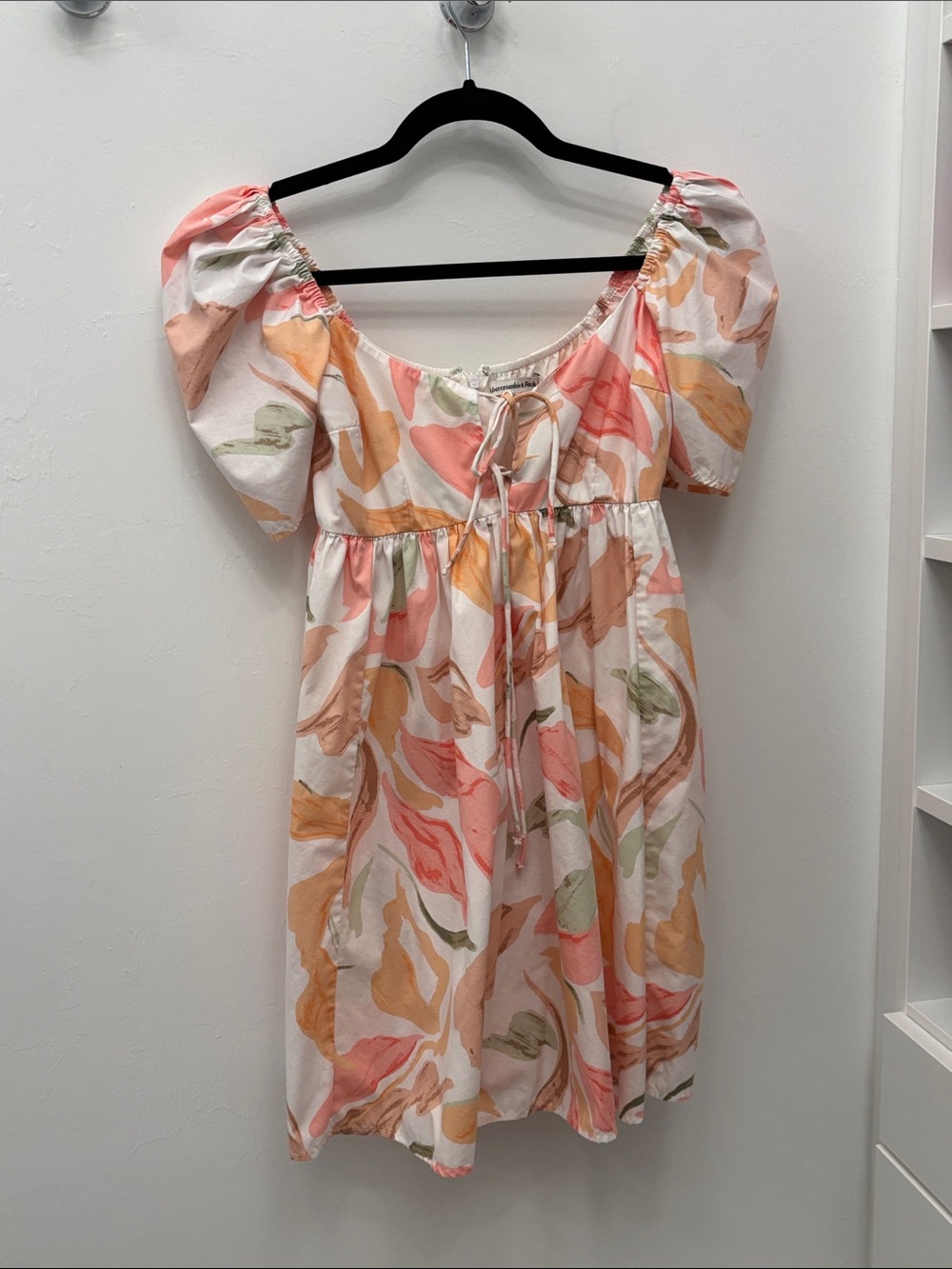 Floral Puff Sleeve Mini Dress in Pastel Coral & Peach